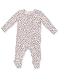 Floral-patterned infant onesie in light colors with long sleeves and footed design. Ideal for comfort and warmth.