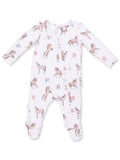 White baby onesie with horse prints and floral accents, featuring long sleeves and footed design.