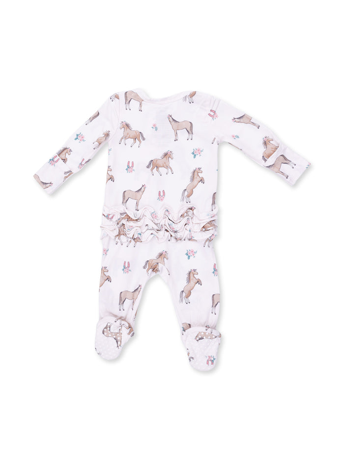 Baby pajamas with a playful horse print and ruffled details, featuring footed design for warmth and comfort.