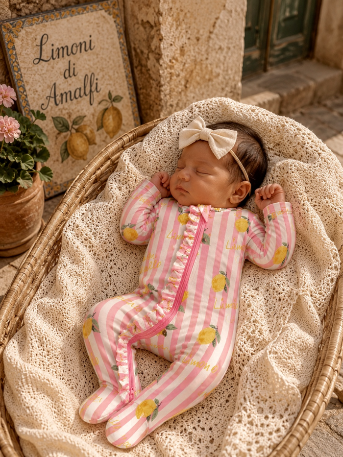 Baby girl sleeping in a woven basket, dressed in a pink striped onesie with lemons, beside a plant and a sign.
