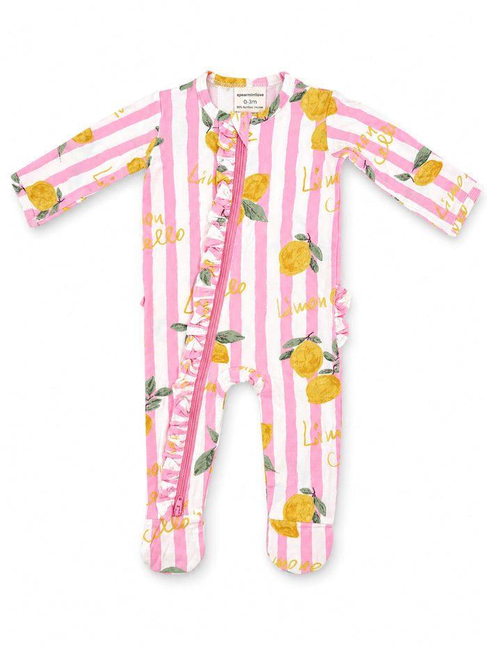 Pink striped baby romper with lemon prints and frill, featuring a front zipper for easy dressing.