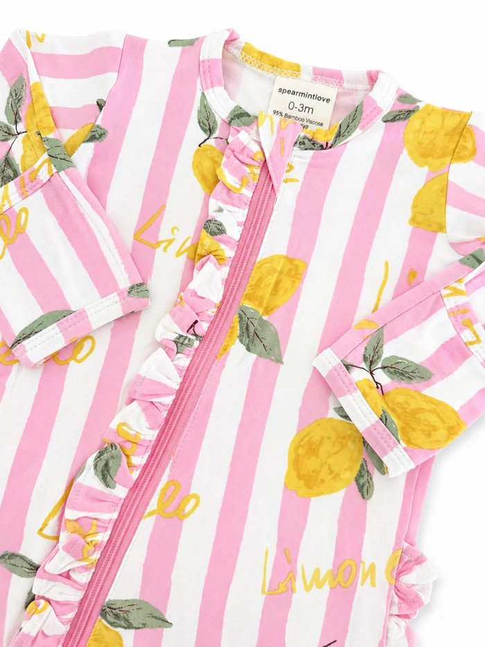 Pink and white striped baby romper with lemon pattern and ruffled zipper design. Ideal for infants 0-3 months.