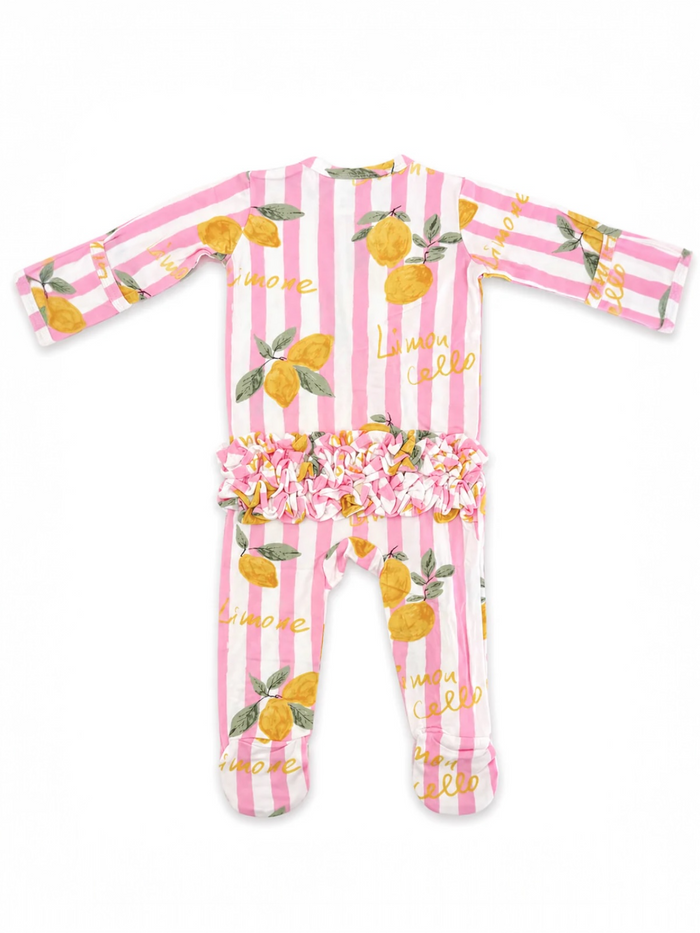 Pink and white striped pajama set with lemon print and ruffled hem. Ideal for cozy and playful nights.