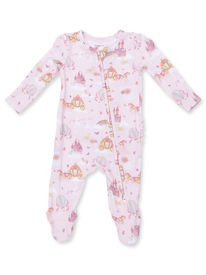 Pink baby onesie with whimsical castle and carriage print, featuring long sleeves and a front zipper.