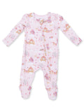 Pink baby onesie with whimsical castle and carriage print, featuring long sleeves and a front zipper.