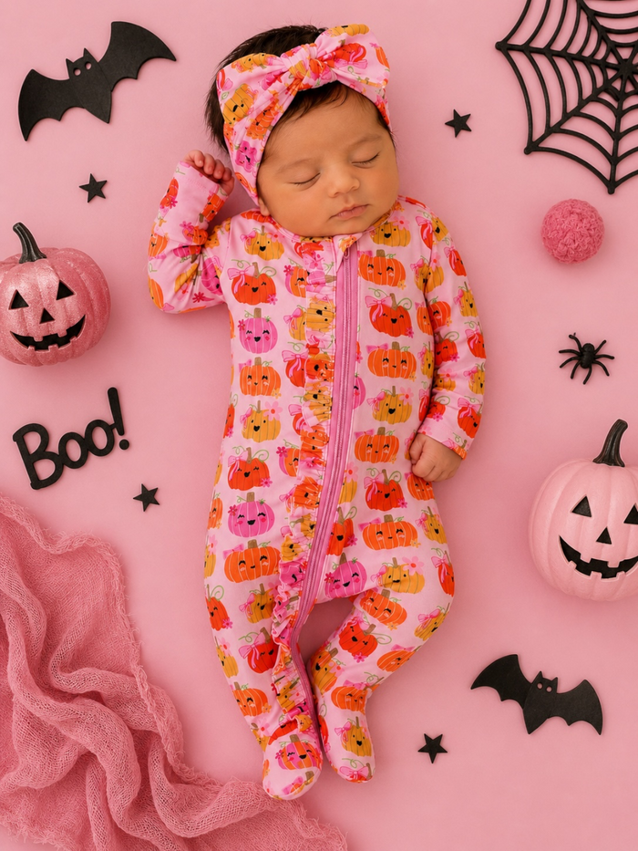 Baby girl sleeping in pumpkin-printed pajamas, surrounded by Halloween-themed decorations on a pink background.