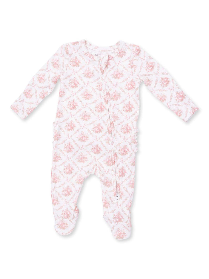 Pink patterned infant onesie with long sleeves and footed design. Ideal for cozy and stylish wear.