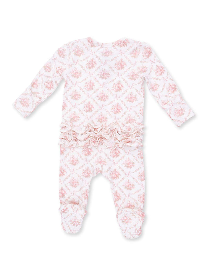 Pink patterned infant romper with long sleeves and ruffled detail at the bottom. Suitable for baby wear.