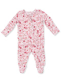 Pink floral infant onesie with long sleeves and footed design, featuring a front zipper. Ideal for comfort and style.