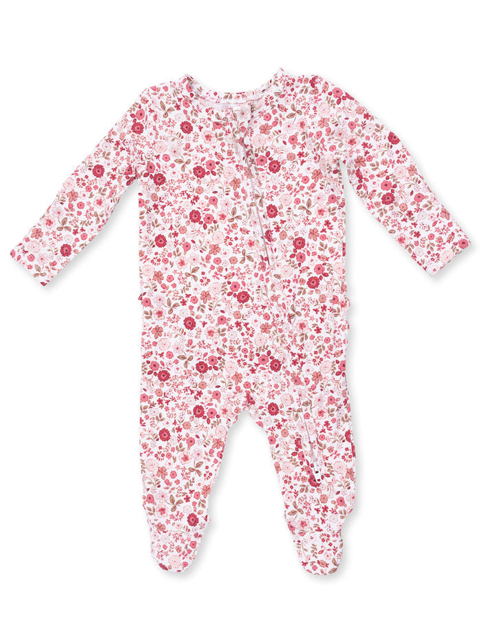 Pink floral infant onesie with long sleeves and footed design, featuring a front zipper. Ideal for comfort and style.