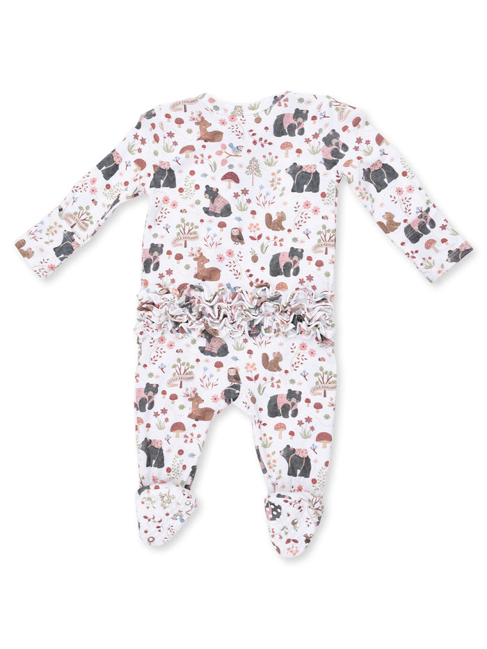 Children's pajama romper with whimsical animal pattern and gathered ruffle, ideal for cozy sleepwear.