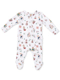 White toddler onesie featuring colorful cartoon characters and skiing motifs, ideal for cozy playtime.