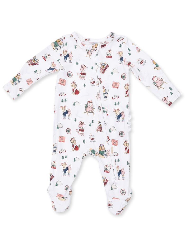 White toddler onesie featuring colorful cartoon characters and skiing motifs, ideal for cozy playtime.