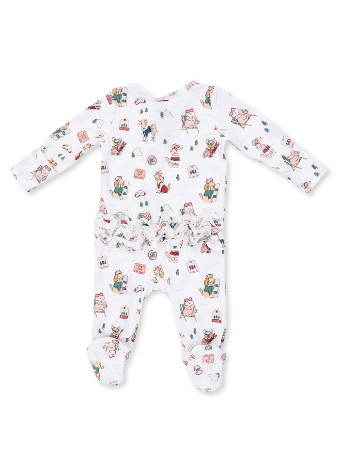 White baby onesie with playful outdoor-themed illustrations and ruffled back design.