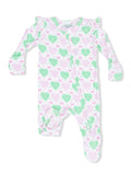 Baby onesie with pink and green heart pattern and ruffles, featuring footed design and a front zipper.
