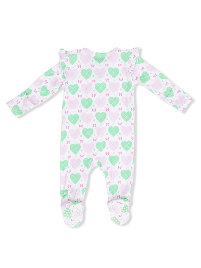 Infant romper with ruffled sleeves, featuring a heart pattern in green and pink on a white background.