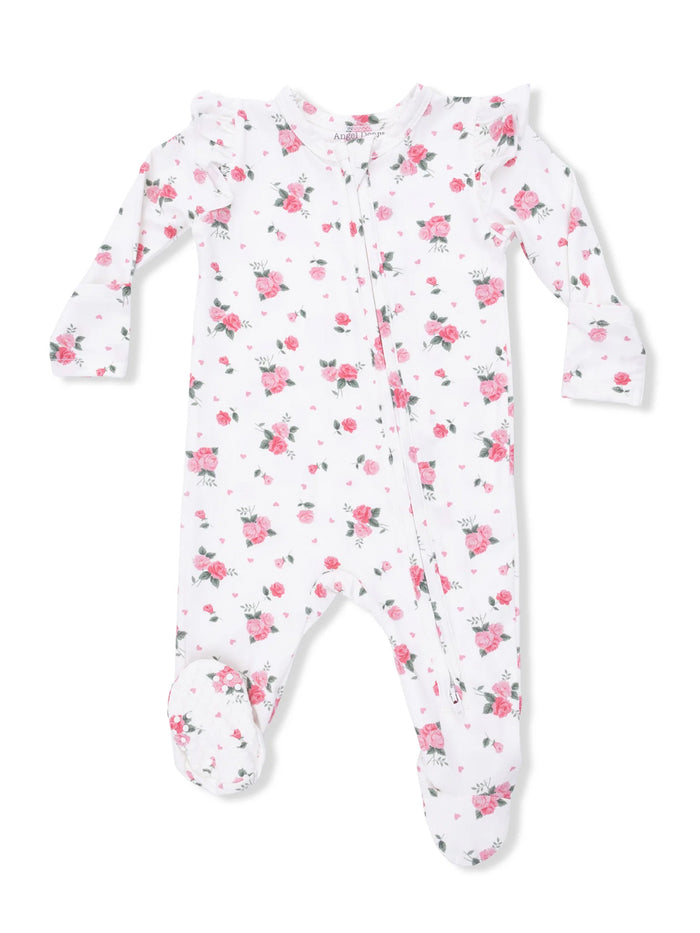 White floral baby onesie with pink roses and ruffles, featuring a front zipper and footed design.