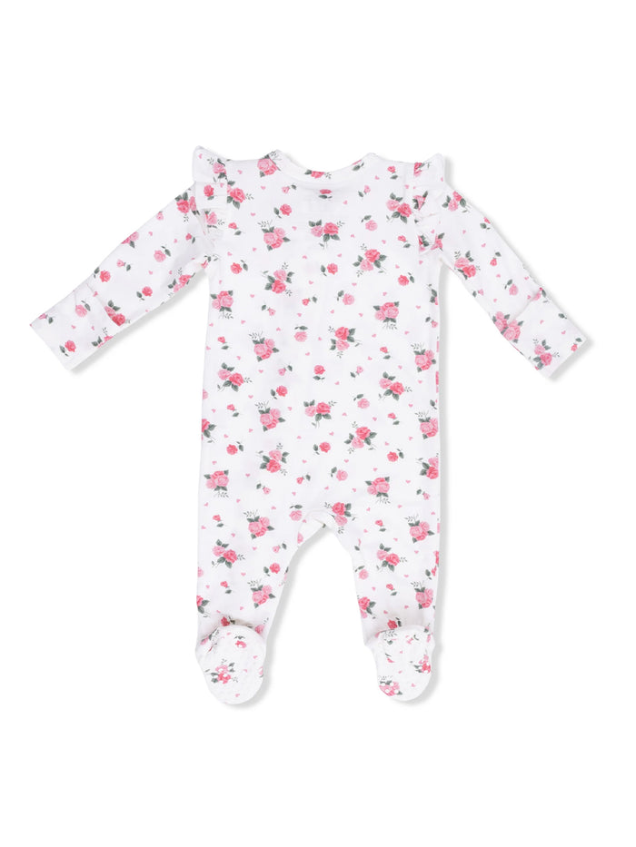 White baby onesie with pink flower print and ruffle sleeves, featuring footed design for comfort.