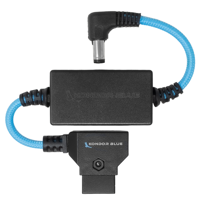 Kondor Blue 24V D-Tap to 5.5×2.5mm DC right-angle cable for Canon C80 and C70, nylon-braided