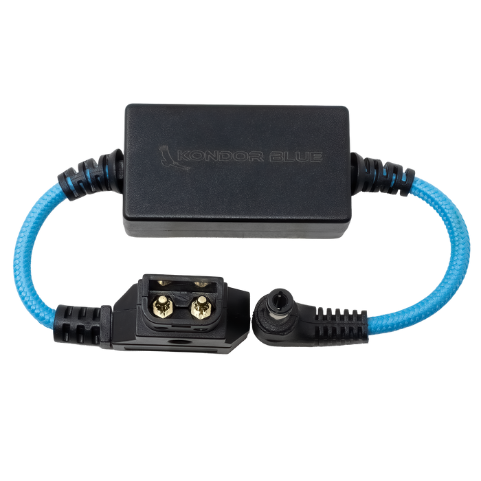 Close-up of right-angle D-Tap connector with blue LED indicator on Kondor Blue 24V power cable