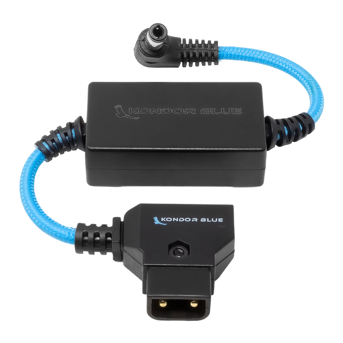 Kondor Blue 6-inch D-Tap to DC barrel cable connected to Canon C80 battery plate on shoulder rig