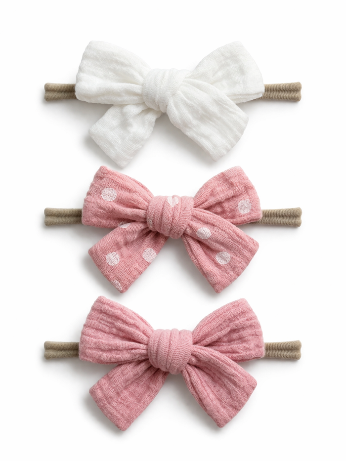 Three hair accessories: a white bow, a pink bow with polka dots, and a solid pink bow on elastic bands.