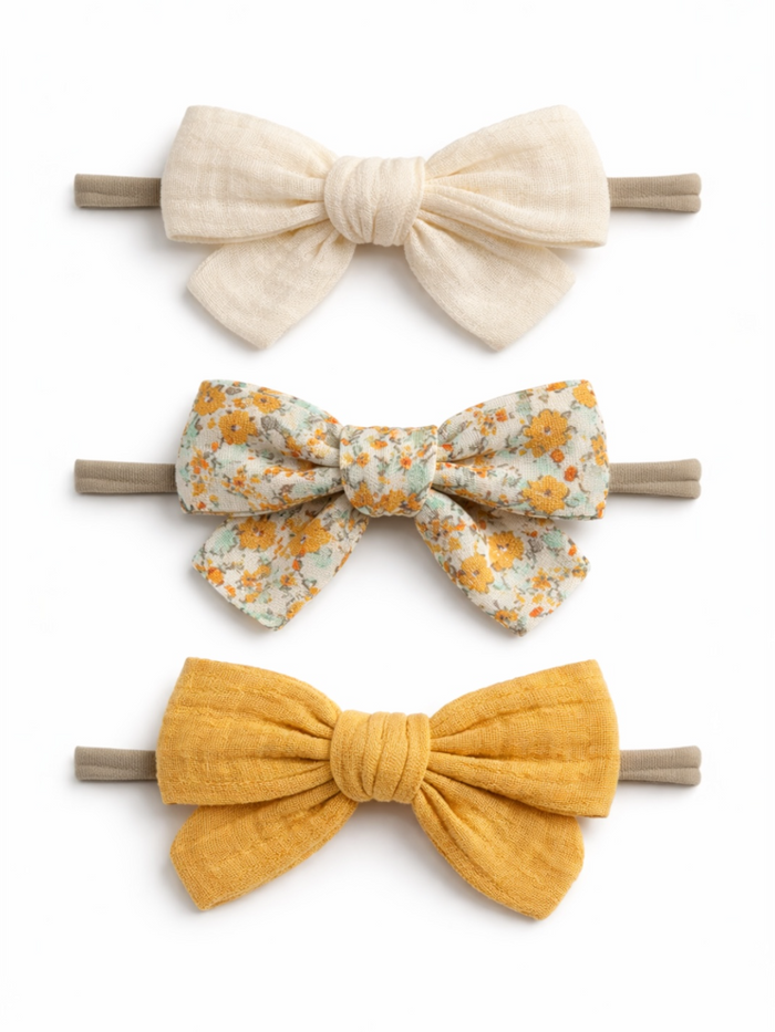 Three colorful fabric hair bows in cream, floral, and mustard on elastic bands.