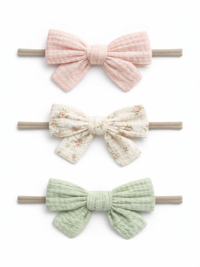 Three hair bows in pink, floral, and green colors on elastic bands against a white background.