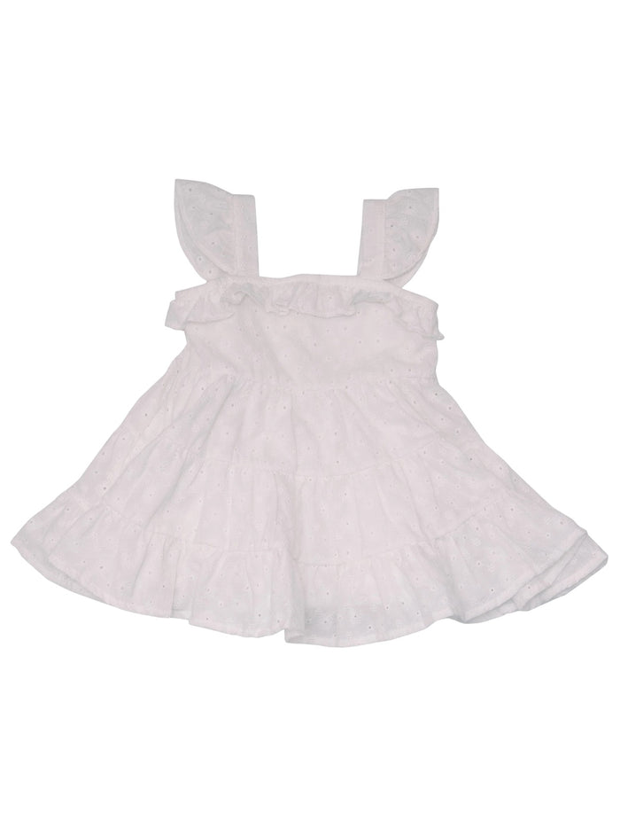 White sleeveless dress with ruffled straps and a tiered skirt, featuring eyelet detailing throughout.