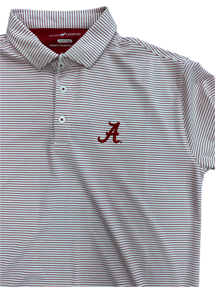 A short-sleeved boys' polo shirt with thin stripes and an embroidered 'A' logo on the chest.