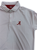 A short-sleeved boys' polo shirt with thin stripes and an embroidered 'A' logo on the chest.