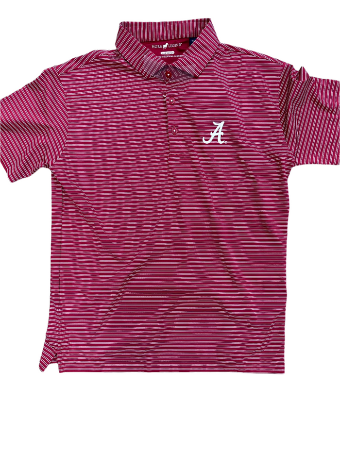 A red and white striped youth polo shirt with the Alabama logo on the chest.