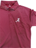 Boys' short sleeve striped maroon and white polo shirt with the letter 'A' on the chest.