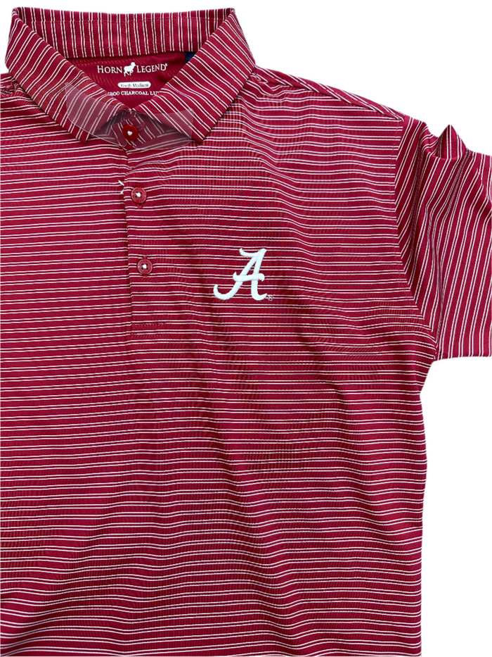 Boys' short sleeve striped maroon and white polo shirt with the letter 'A' on the chest.