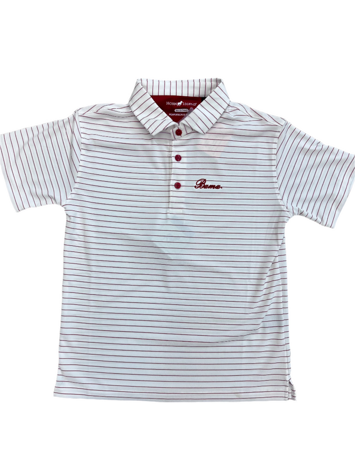 Striped polo shirt with a brand logo on a white background