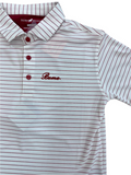 A boys' short sleeve white and blue striped polo shirt with a collar, featuring a red 'Bama' script on the chest.