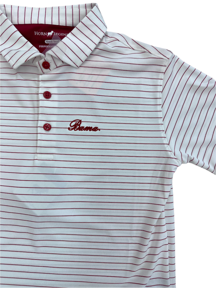 A boys' short sleeve white and blue striped polo shirt with a collar, featuring a red 'Bama' script on the chest.