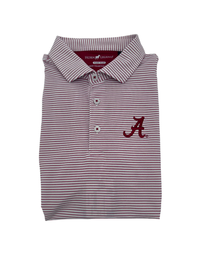 Folded maroon and white striped polo shirt with a logo on a white background