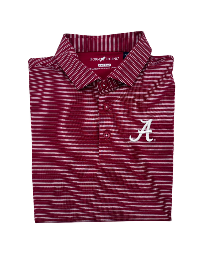 Folded maroon and white striped polo shirt with a logo on a white background