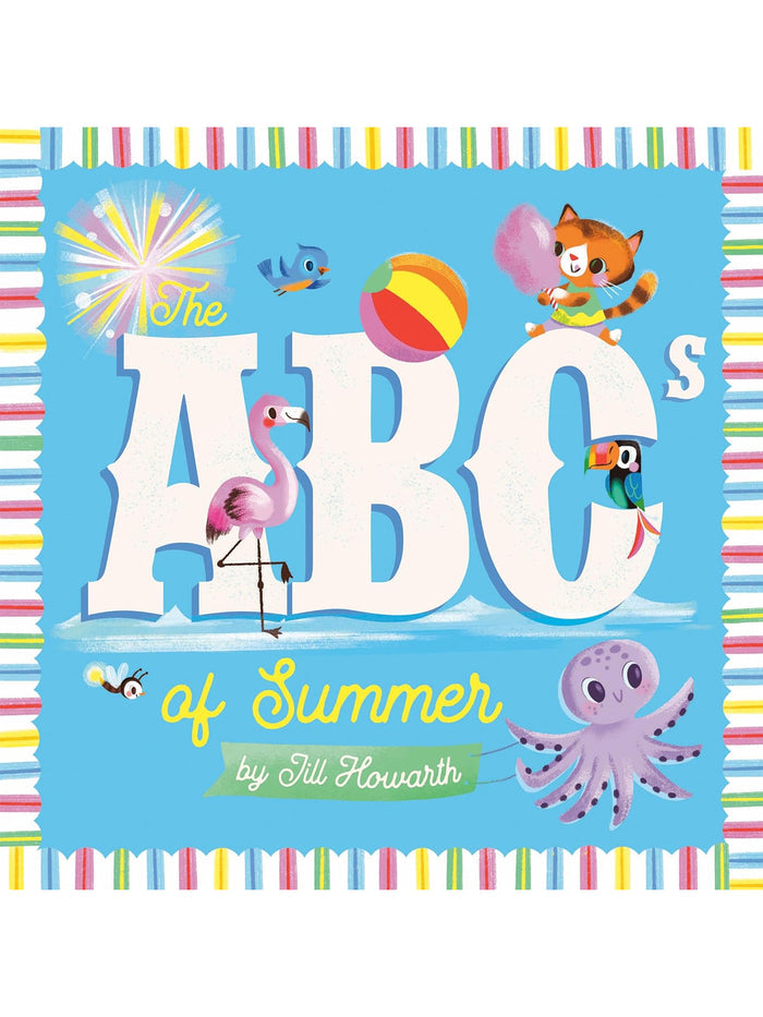 Colorful illustration of "The ABCs of Summer" book cover by Jill Howarth, featuring playful summer-themed characters.
