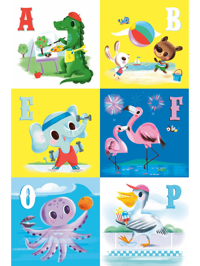 Colorful animal illustrations showing A to P activities: painting, playing, exercising, swimming, and enjoying snacks.