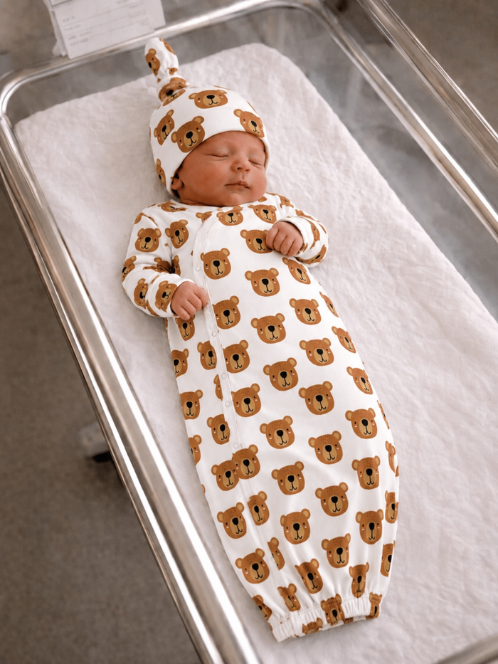 Sleeping newborn in bear-patterned onesie and hat, resting in a hospital bassinet.
