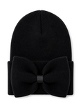 Black knit beanie featuring a large bow detail on the front. Ideal for stylish winter wear.