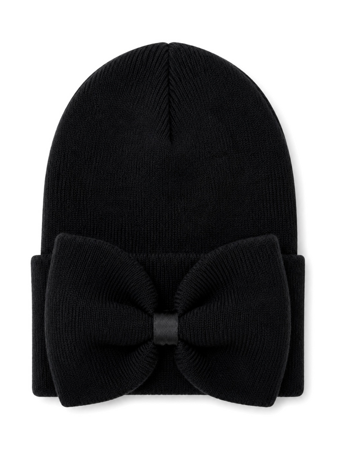 Black knit beanie featuring a large bow detail on the front. Ideal for stylish winter wear.