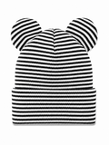 Striped black and white knit beanie with two round ears on top.