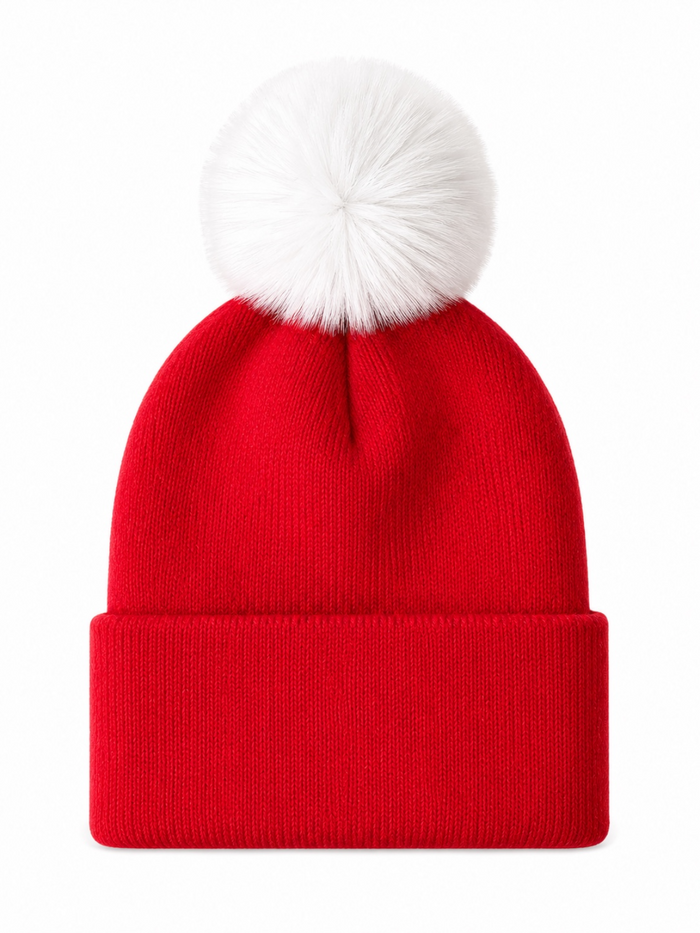 Red knit beanie with a large white pom-pom on top, perfect for winter wear.