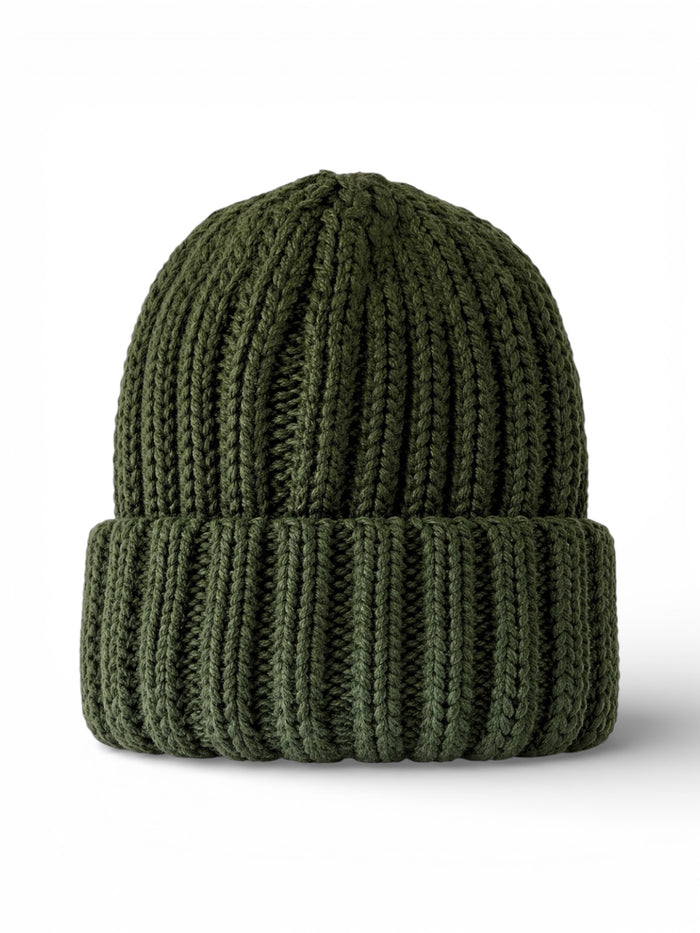 Green knitted beanie hat with a ribbed design, folded brim, displayed against a white background.