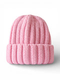Pink knitted beanie hat with a ribbed texture, folded brim, and a soft appearance.