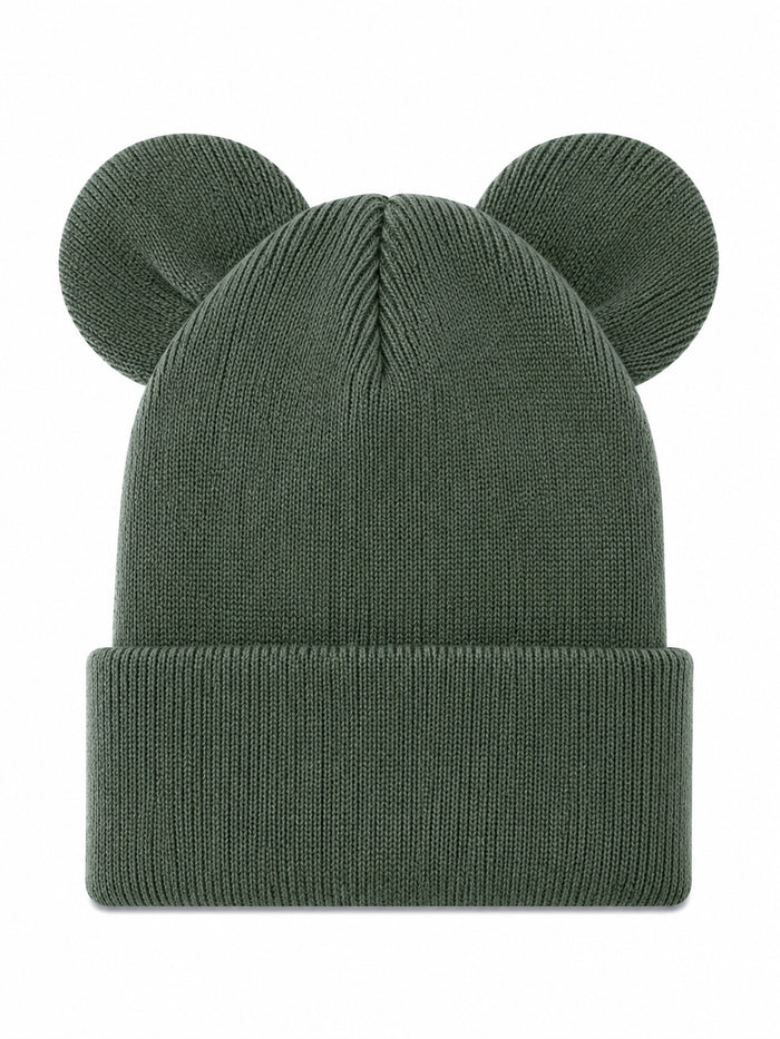 Green knit beanie with rounded ears on top for a playful, cozy look. Ideal for style and warmth.