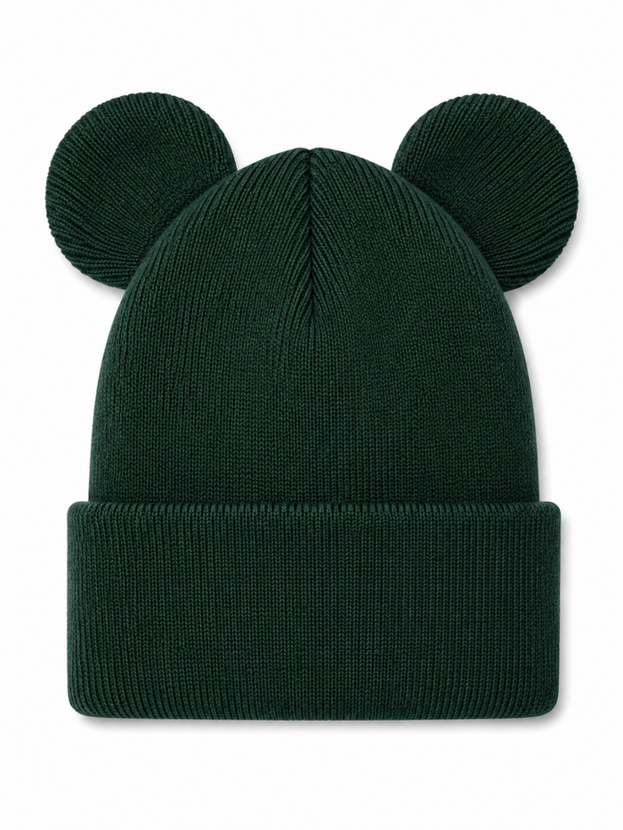 Dark green knit beanie hat with two round ears on top for a playful look.